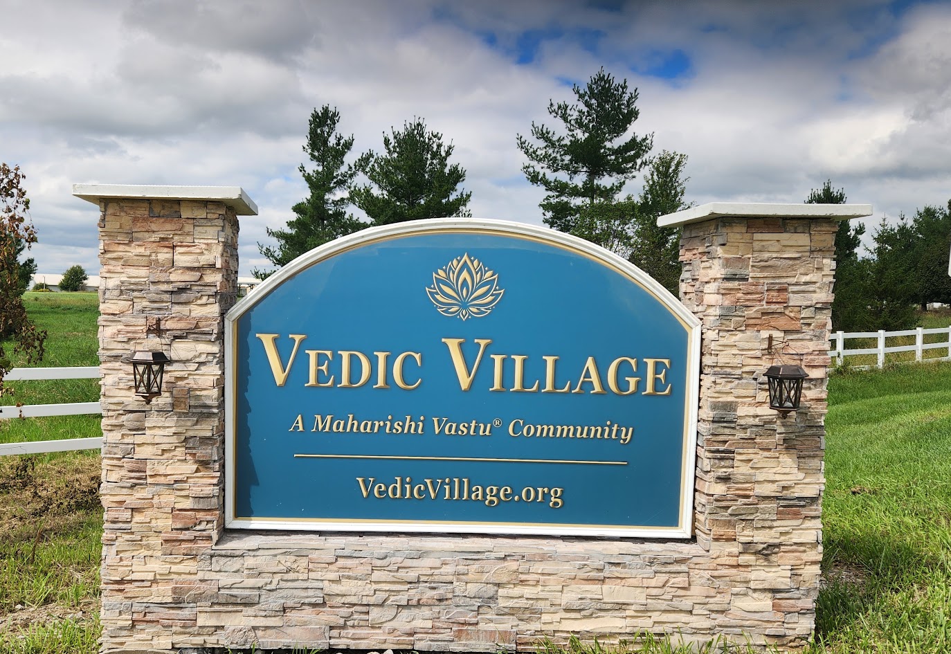 Vedic Village entrance sign in Maharishi Vedic City, Iowa
